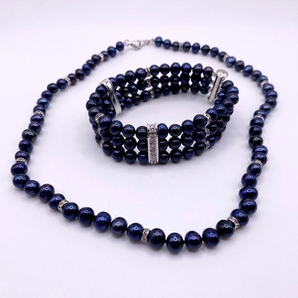 Danbury Mint Midnight Spell Cultured Pearls 925 Silver Set Bracelet and Necklace - Picture 1 of 10